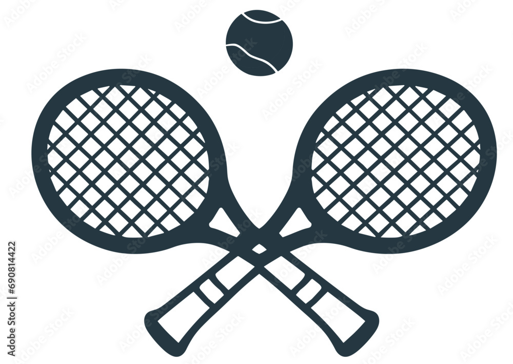 Vector black flat cartoon crossed tennis racket and ball isolated on ...