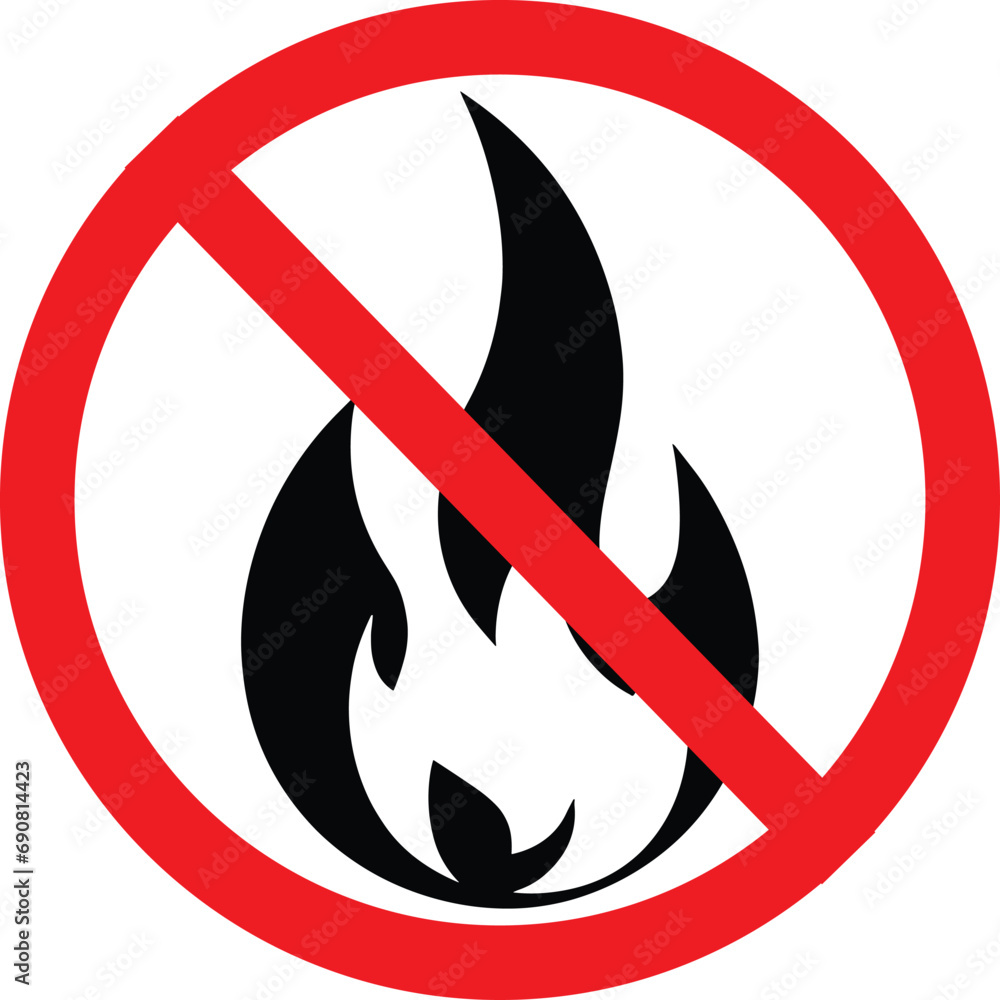 Vector flat black fire icon crossed in red circle. No fire sign isolated on white background Vector flat black fire icon crossed in red circle. No fire sign isolated on white background