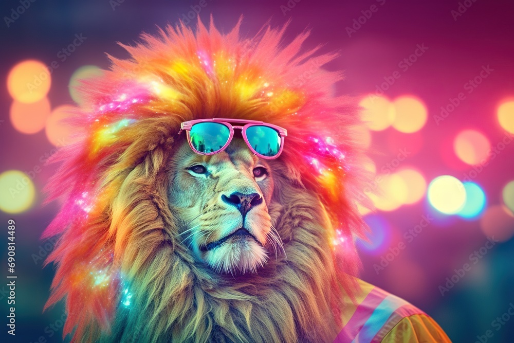 Retro hair style lion resting in disco Retro hair style lion resting in disco