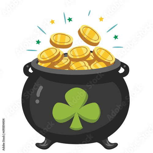 Vector flat cartoon leprechaun pot with gold isolated on white background