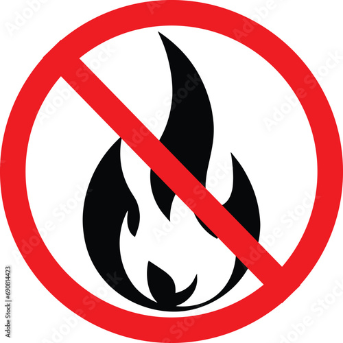 Vector flat black fire icon crossed in red circle. No fire sign isolated on white background