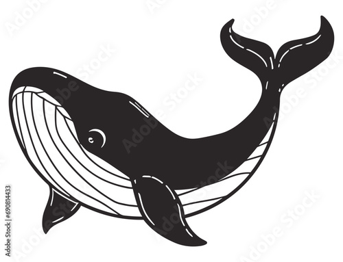 Vector flat black whale mermaid fish isolated on white background