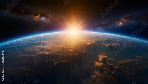 Blue sunrise  view of earth from space. Sunset In Orbit.  