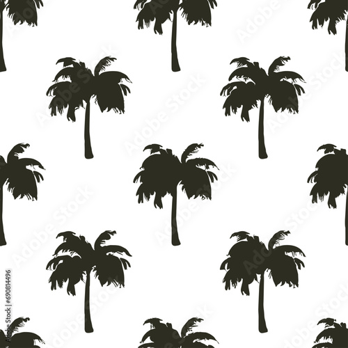 Vector seamless pattern of black hand drawn doodle sketch palm tree silhouette isolated on white background