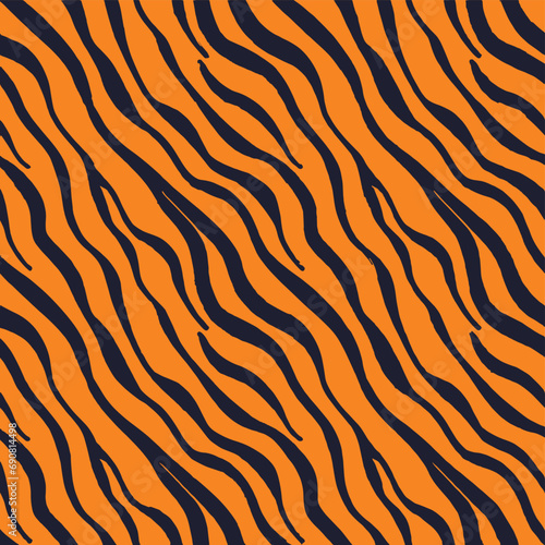 Vector seamless pattern of black tiger stripes fur print isolated on red background