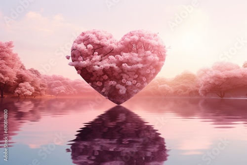 A heart-shaped reflection in a calm lake surrounded by cherry blossom trees on a blush pink background. bloom