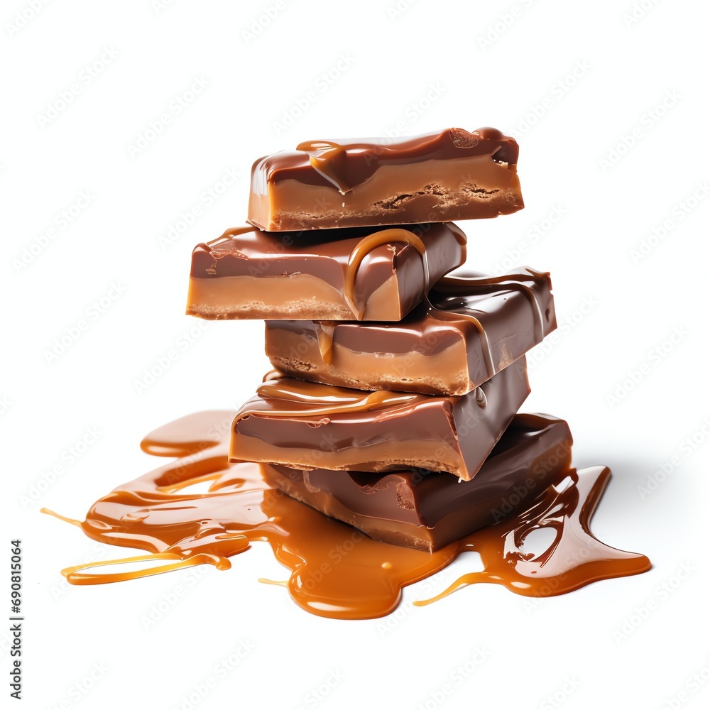 Pieces of chocolate bar with caramel on white backg Pieces of chocolate bar with caramel on white backg