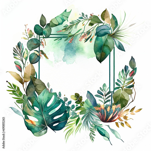 Watercolor jungle horizontal frame  vibrant colors and intricate details create a lush and inviting atmosphere. Watercolor art is perfect for invitations  greeting cards  website design