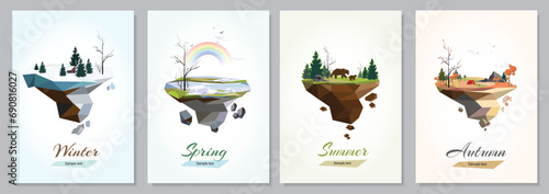 Winter, spring, summer, autumn landscape with mountains, stones, trees, rainbow, bears, deer, house, sky, cloods, etc. Geometric low poly style island set for banner, gaming platforms, cover designs.