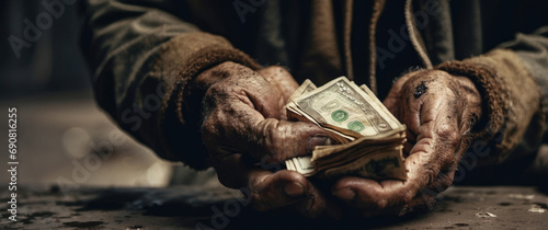 The dirty hands of a homeless man, a poor man holding not much money, dollars. The concept of helping homeless and underprivileged people. Conceptual image of dirty hands holding a few dollars photo