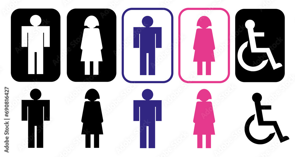 Símbolos de baño público masculino, femenino y discapacitado Símbolos de baño público masculino, femenino y discapacitado