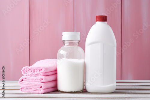 Cleaning Products and Towels Arranged on Pink Background © Clemency