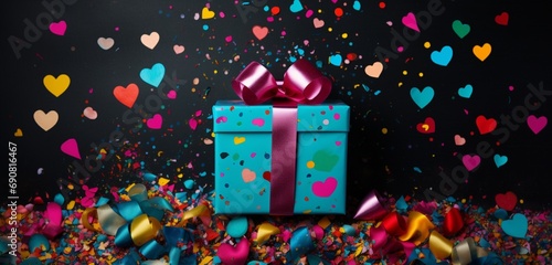 A creatively wrapped gift box displaying an eye-catching heart motif, surrounded by vibrant, celebratory confetti. © Malik Zohaib