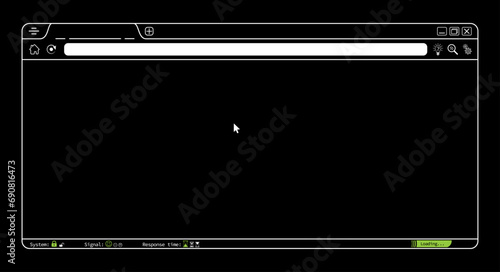 Abstract white internet browser webpage vector on black background with system, signal, response time, loading icons. Editable lines web browser homepage mockup background illustration.  photo