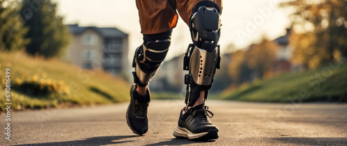 Illustration: A man wearing a prosthetic leg and leg protection. Go out for a practice run. It's equivalent to a normal person jogging. photo