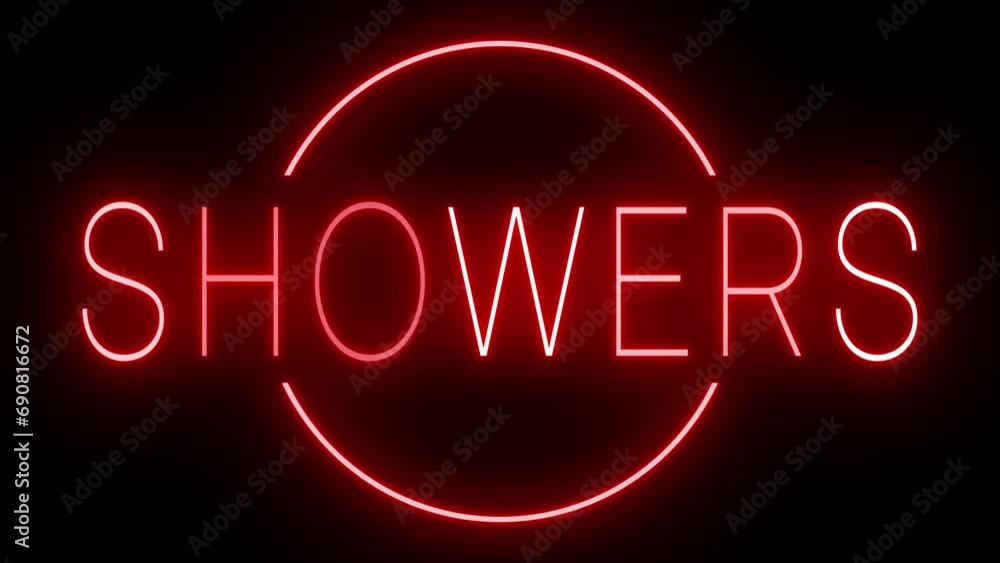 Flickering red retro style neon sign glowing against a black background for SHOWER Flickering red retro style neon sign glowing against a black background for SHOWER