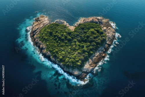top view of tropical love island. Heart-shaped valentine island aerial view: heart, palm, coral reefs, turquoise sea