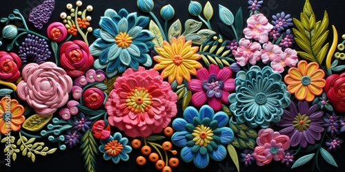 Beautiful multi-colored flower embroidery, Automatic embroidery machine. Generative AI photo