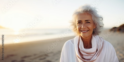 Smiling attractive beautiful caucasian senior mature woman posing at the beach looking at the camera photo