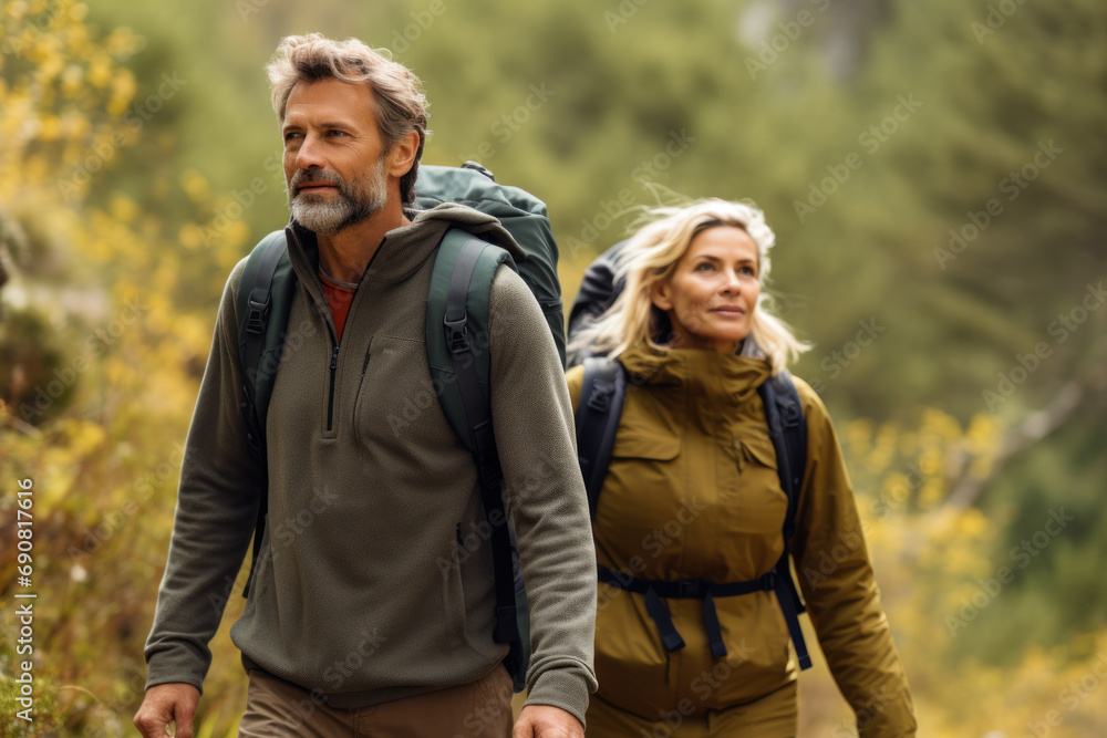 Сlose up happy middle aged couple with backpacks hiking in the forest in autumn. Active traveling lifestyle and expedition backpacking concept Сlose up happy middle aged couple with backpacks hiking in the forest in autumn. Active traveling lifestyle and expedition backpacking concept