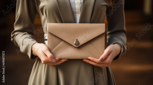 young woman holding blank envelope