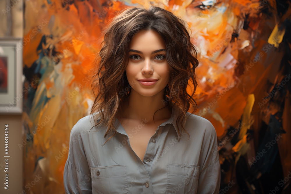 Portrait of woman on abstract painted background.