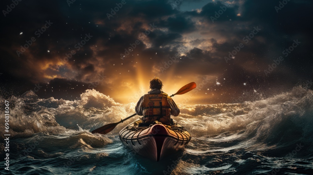 man in kayak rowing with paddle at sea during sunset man in kayak rowing with paddle at sea during sunset