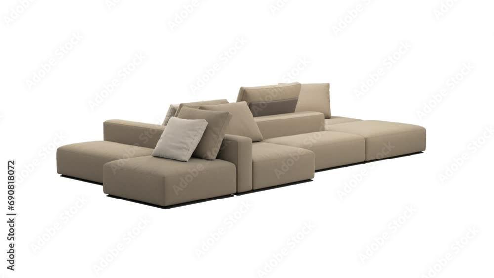 Circular animation of modern modular fabric sofa. Beige textile upholstery sofa with pillows and plaid on white background. Modern, Chalet, Scandinavian interior. 3d render Circular animation of modern modular fabric sofa. Beige textile upholstery sofa with pillows and plaid on white background. Modern, Chalet, Scandinavian interior. 3d render
