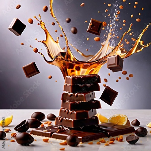 Chunks of luxury dark chocolate, with dynamic melted splash effect photo