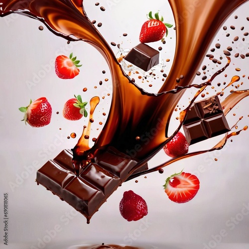 Chunks of luxury dark chocolate, with dynamic melted splash effect photo