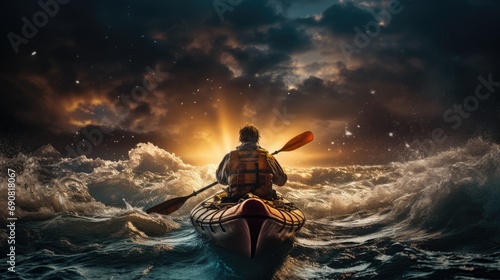 man in kayak rowing with paddle at sea during sunset