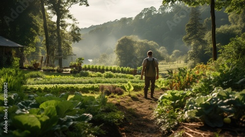 man in ecological green vegetable garden