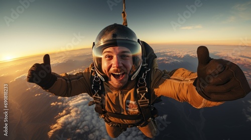 extreme man skydiving and flying in air photo