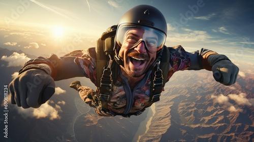extreme man skydiving and flying in air photo