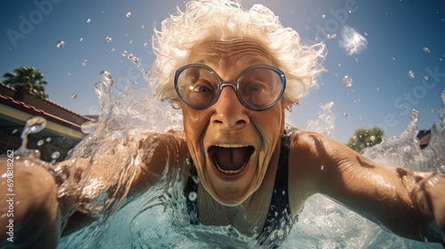 old woman granny having fun with selfie in the swimming pool