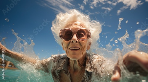 old woman granny having fun with selfie in the swimming pool