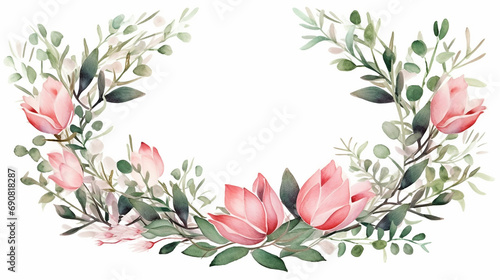 Watercolor floral wreath frame bouquet with green leaves and pink flowers photo