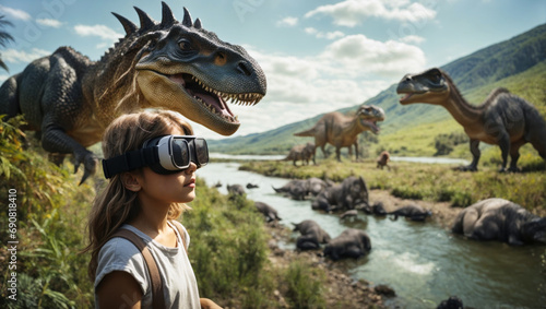 Girl using the virtual reality headset in dinosaur period. Game technology concept. © Roman Samokhin