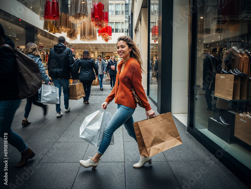 Mulher saindo feliz de loja após as compras photo