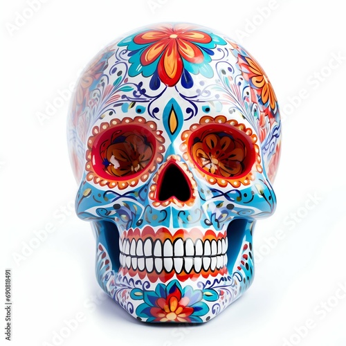 Vibrant Day of the Dead Skull with Floral Patterns Isolated on White Background. Generative ai