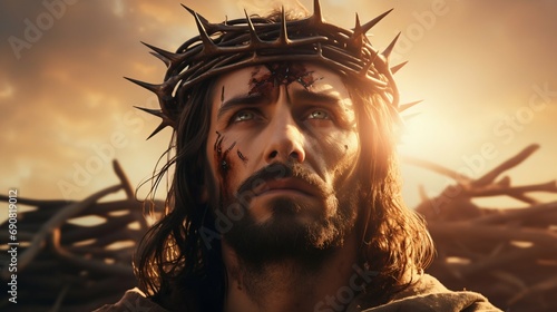 Jesus in Crown of Thorns with Cross at Sunset. Generative ai photo