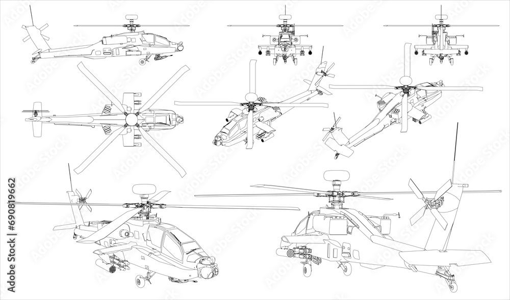 Obraz premium American twin-turboshaft attack helicopter. Helicopter us army. Blueprint with projections on a transparent background. Scale model.