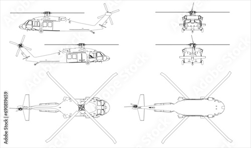 Medium-lift utility military helicopter. Helicopter us army. Multi-purpose helicopter. Blueprint with projections on a transparent background. Scale model.