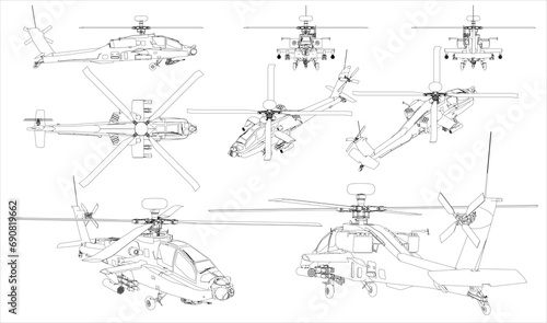 American twin-turboshaft attack helicopter. Helicopter us army. Blueprint with projections on a transparent background. Scale model. photo