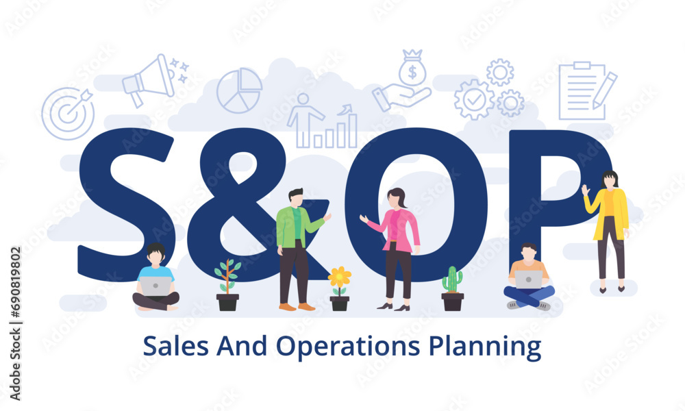 S&OP - Sales And Operations Planning concept with big word text acronym and team people in modern flat style vector illustration - obrazy, fototapety, plakaty 