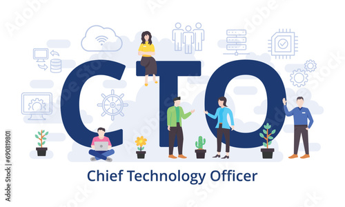 CTO - Chief Technology Officer concept with big word text acronym and team people in modern flat style vector illustration