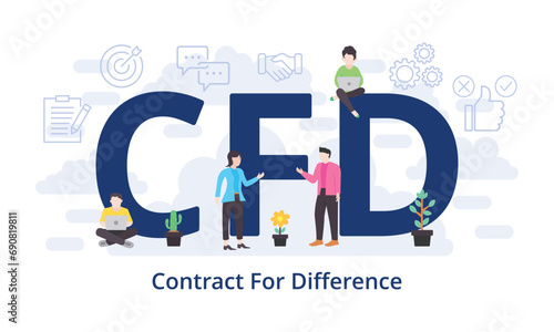 CFD - Contract For Difference concept with big word text acronym and team people in modern flat style vector illustration