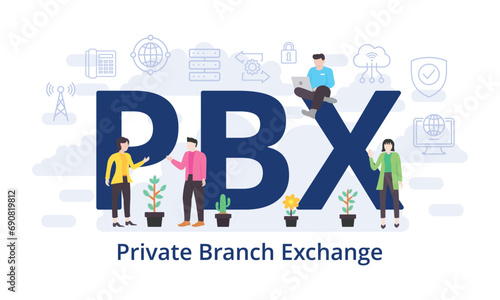 PBX - Private Branch Exchange concept with big word text acronym and team people in modern flat style vector illustration