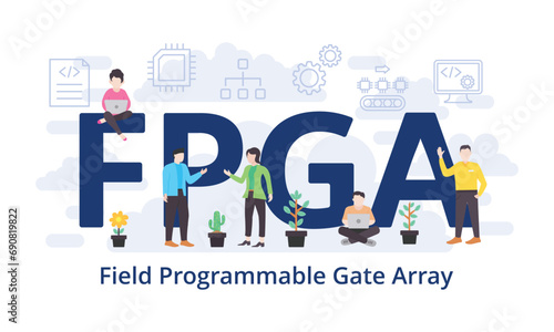 FPGA - Field Programmable Gate Array concept with big word text acronym and team people in modern flat style vector illustration photo