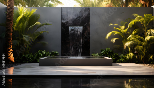 a small water wall made of black tile sits near a serene meditation platform